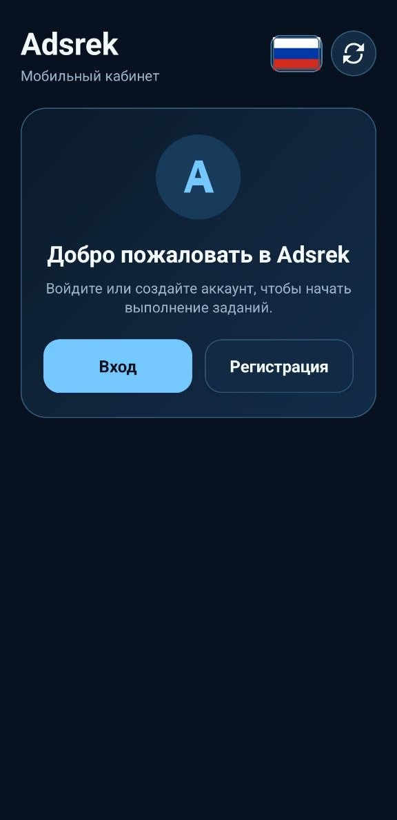 Стартовый экран приложения Adsrek